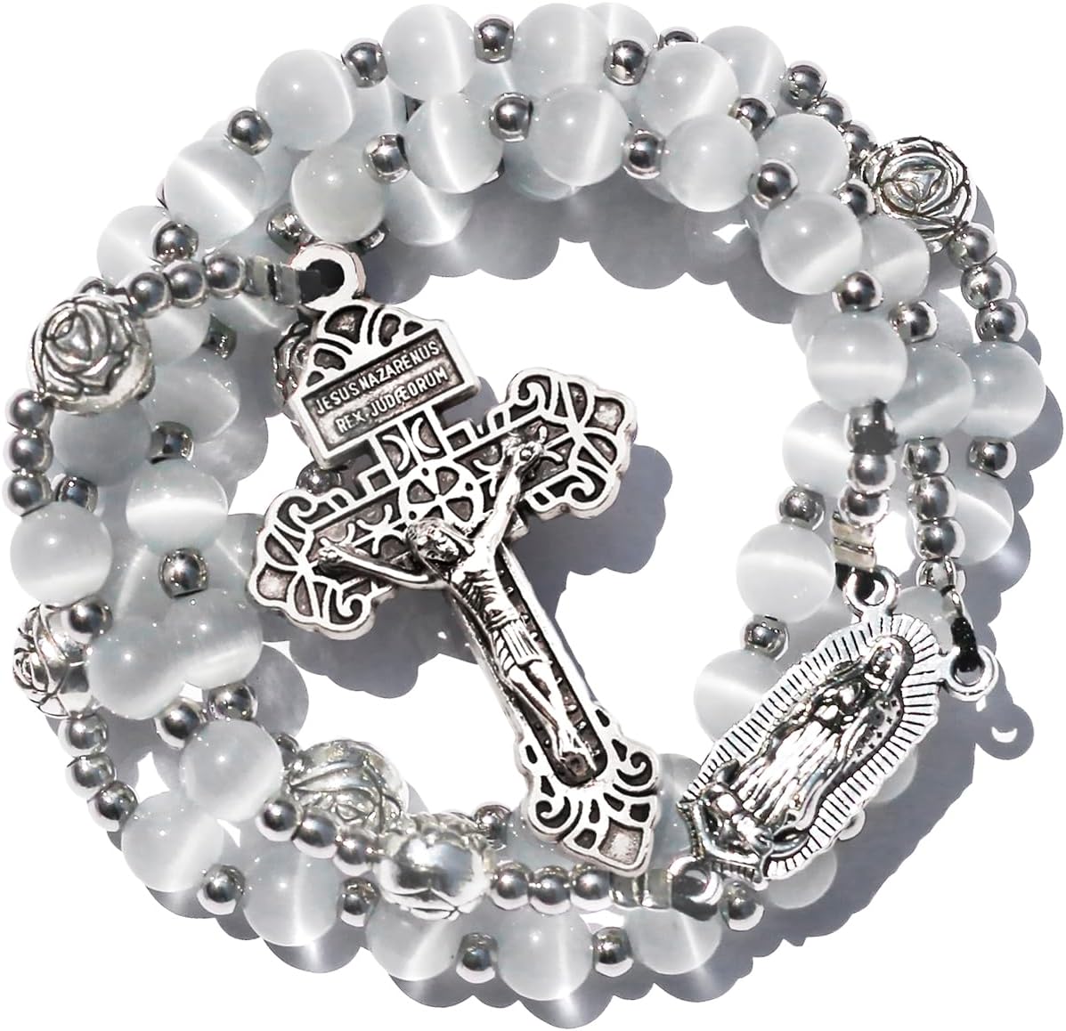 8mm White Cat's Eye Beads Rosary Necklace, 20 inch, Religious Medal and Pardon Crucifix