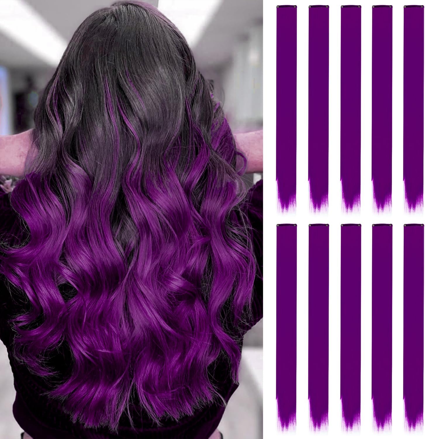 10 Pcs Purple Hair Extensions | 22" Clip In Hair Extension | Colourful Straight Long Hair Extensions Clip In Hair Synthetic Straight Hair Piece for Girls Kids Women Daily Party (Purple)
