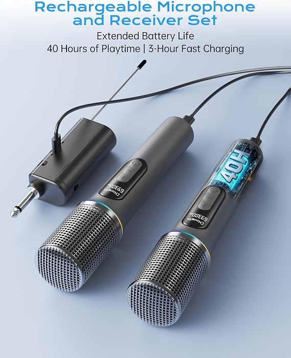 Wireless Microphone, Professional Handheld Dynamic Mic with Rechargeable Receiver, 5-Level Volume Adjustment, Dynamic RGB Lighting, 40-Hour Battery Rechargeable Microphone for Karaoke and Weddings.