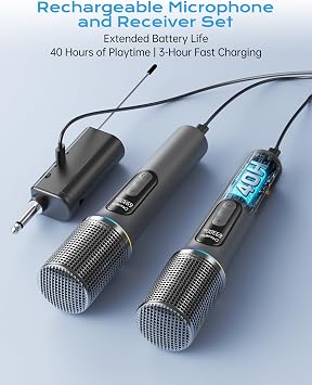 Wireless Microphone, Professional Handheld Dynamic Mic with Rechargeable Receiver, 5-Level Volume Adjustment, Dynamic RGB Lighting, 40-Hour Battery Rechargeable Microphone for Karaoke and Weddings.