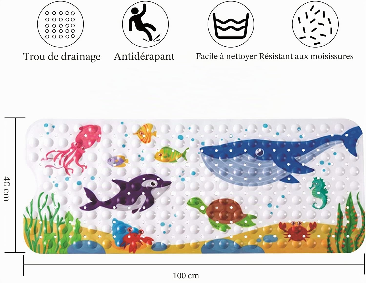Tapis de Baignoire Antidérapant 100 x 40 cm avec Ventouse PVC Dessin Animé Animaux Marins Enfants