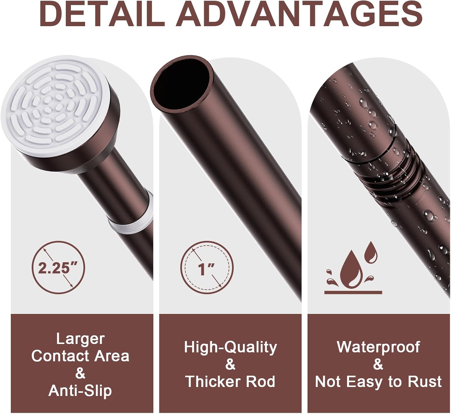 TEECK Shower Curtain Rod, 32-79 inch Adjustable Tension Spring, 1 Inch Shower Curtain Rod Tension, Anti-Slip, Rust-Proof, No Drilling, for Bathroom, Brown
