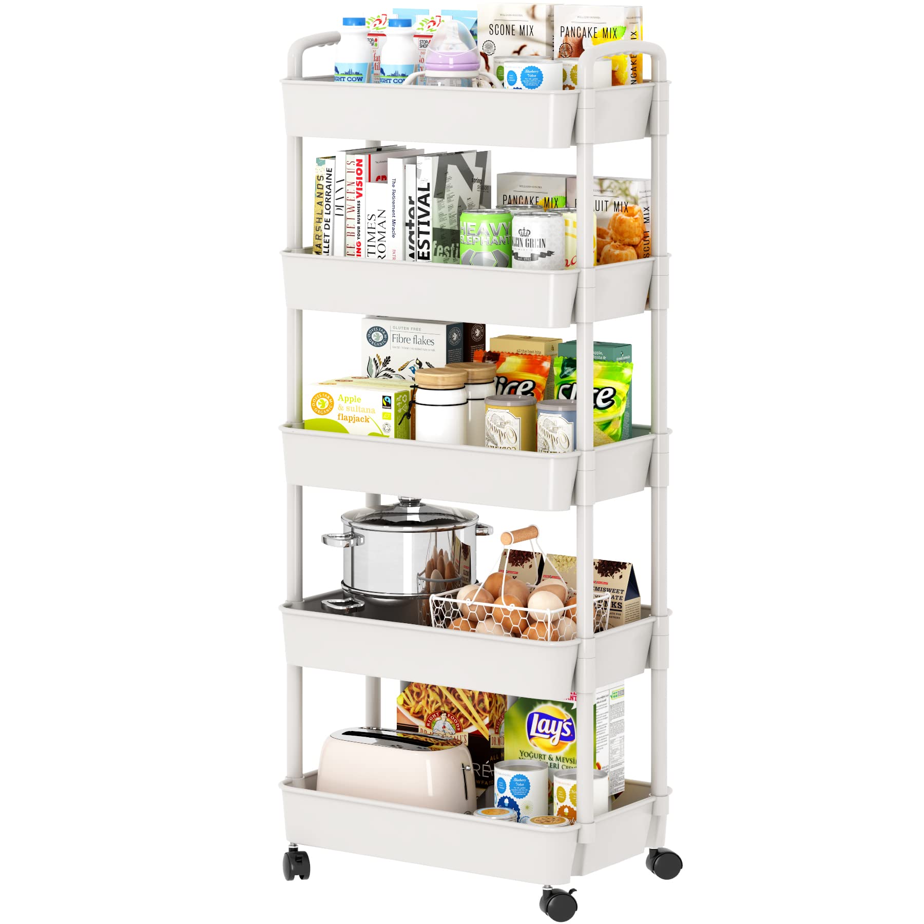 Sywhitta 5-Tier Plastic Rolling Utility Cart with Handle, Multi-Functional Storage Trolley for Office, Living Room, Kitchen, Movable Storage Organizer with Wheels, White