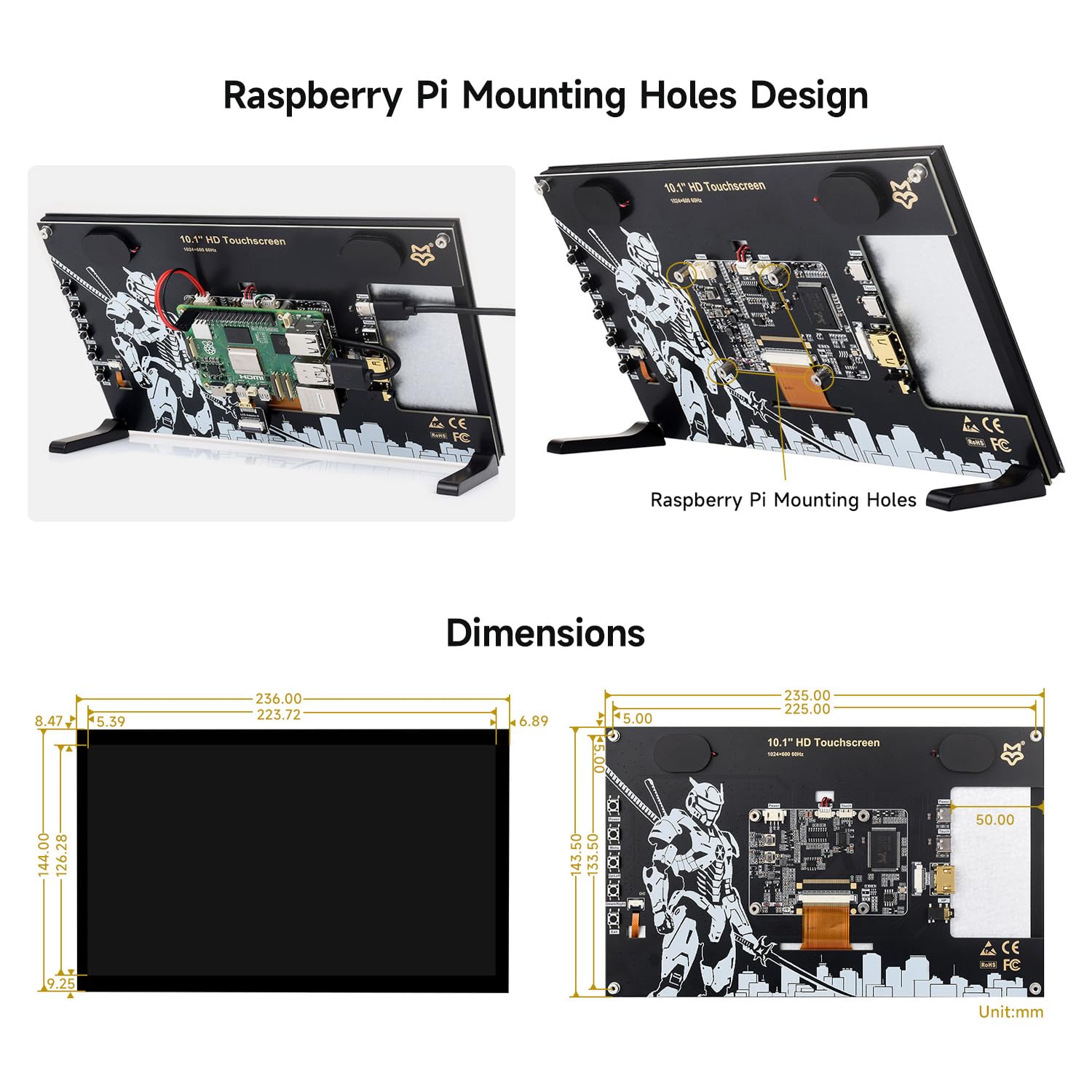 LUCKFOX 10.1inch HDMI Touchscreen Plug & Play for Raspberry Pi Screen 1024x600 Portable Monitor with Stand 10 Point Touch Display with Dual-Track Speakers Second Screen for Laptop PC