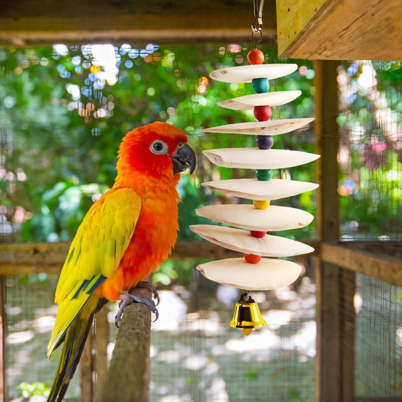 Lot de 4 os de seiche pour oiseaux, 32 cm, jouets à suspendre avec clochette, pierre naturelle pour le bec, poncés et dessalés, jouet à mordiller avec apport en calcium pour petits et moyens oiseaux