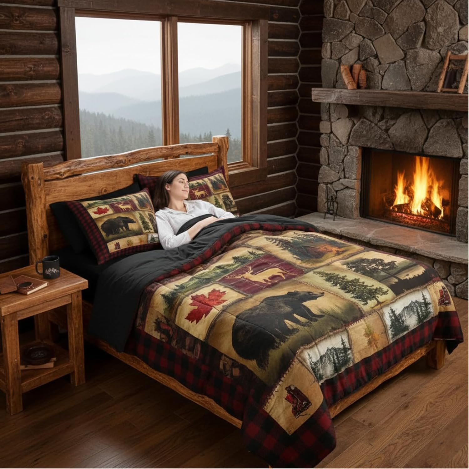 Erosebridal Bear Cabin Plaid 7 Piece Comforter Set Queen,Rustic Farmhouse Bed in a Bag,Retro Hunting Deer Bedding,Country Woodland Pine Tree Quilt Set,Maple Leaf Lodge Fitted Sheet,Red Black Brown