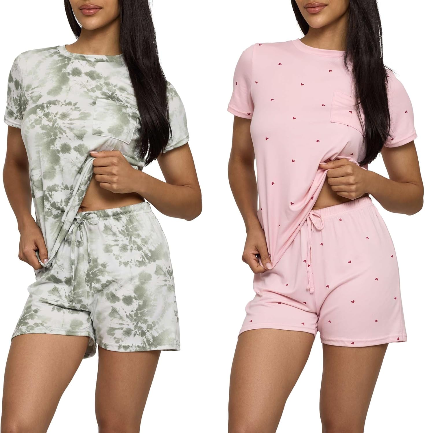 Real Essentials 2 Pack: Womens Short Sleeve Pajama Short Set - Comfy Lightweight Soft Lounge Sleepwear (Plus