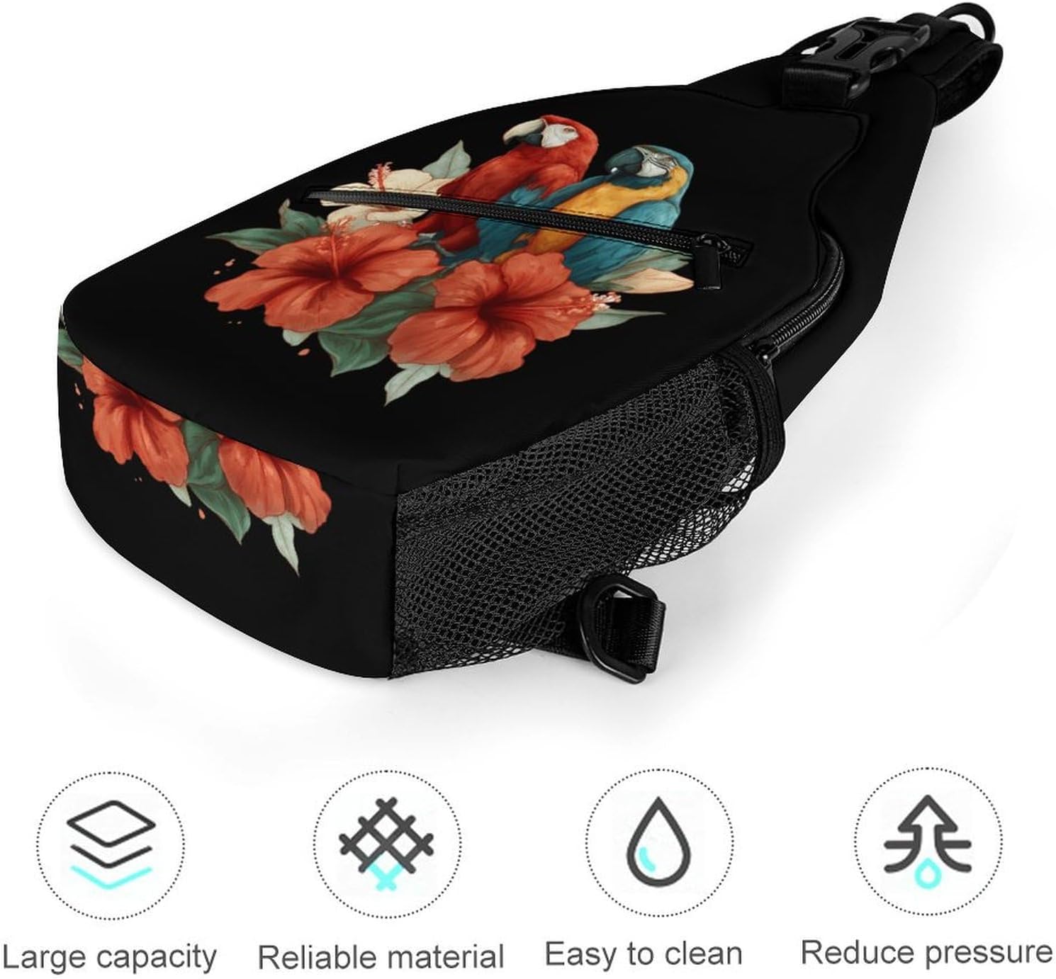 Parrots Hibiscus Hawaiian Men Crossbody Sling Backpack Chest Bag | Travel Fanny Pack,Hiking Daypack,Print Shoulder Bags