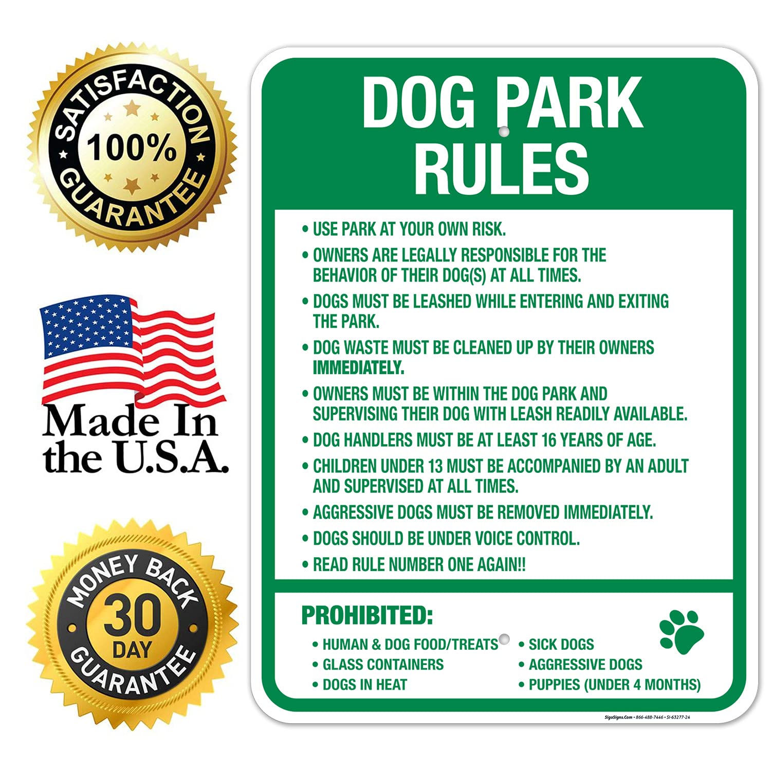 Dog Park Rules with Prohibited Rules Sign, 18x24 Inches, Rust Free .063 Aluminum, Fade Resistant, Made in USA