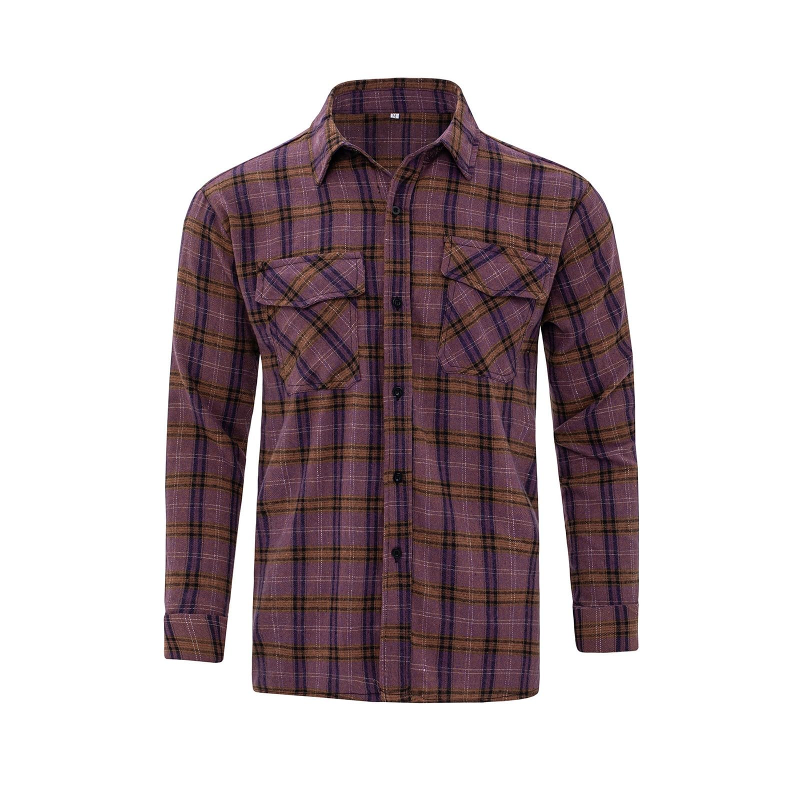 Checked Shirt for Men Plaid Shirt Workwear Slim Fit Men's Long Sleeve Shirts Gingham Check Shirts Button Down Casual Shirts with Pocket Polyester Overshirt Inner Contrast Shirt Jacket M-2Xl Purple