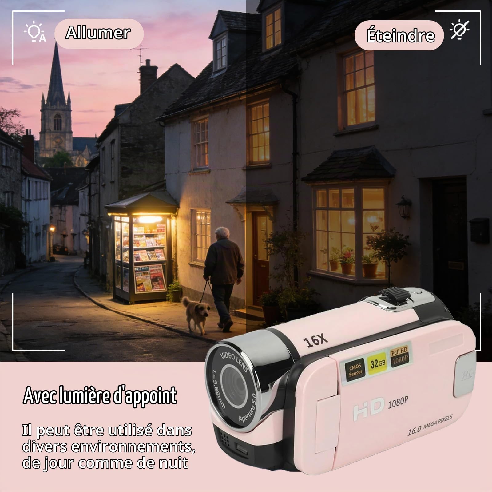 Appareil photo numérique HD 1080p, zoom 16x, écran TFT rotatif 2,7" 16 MP pour enregistrement de voyage (rose)