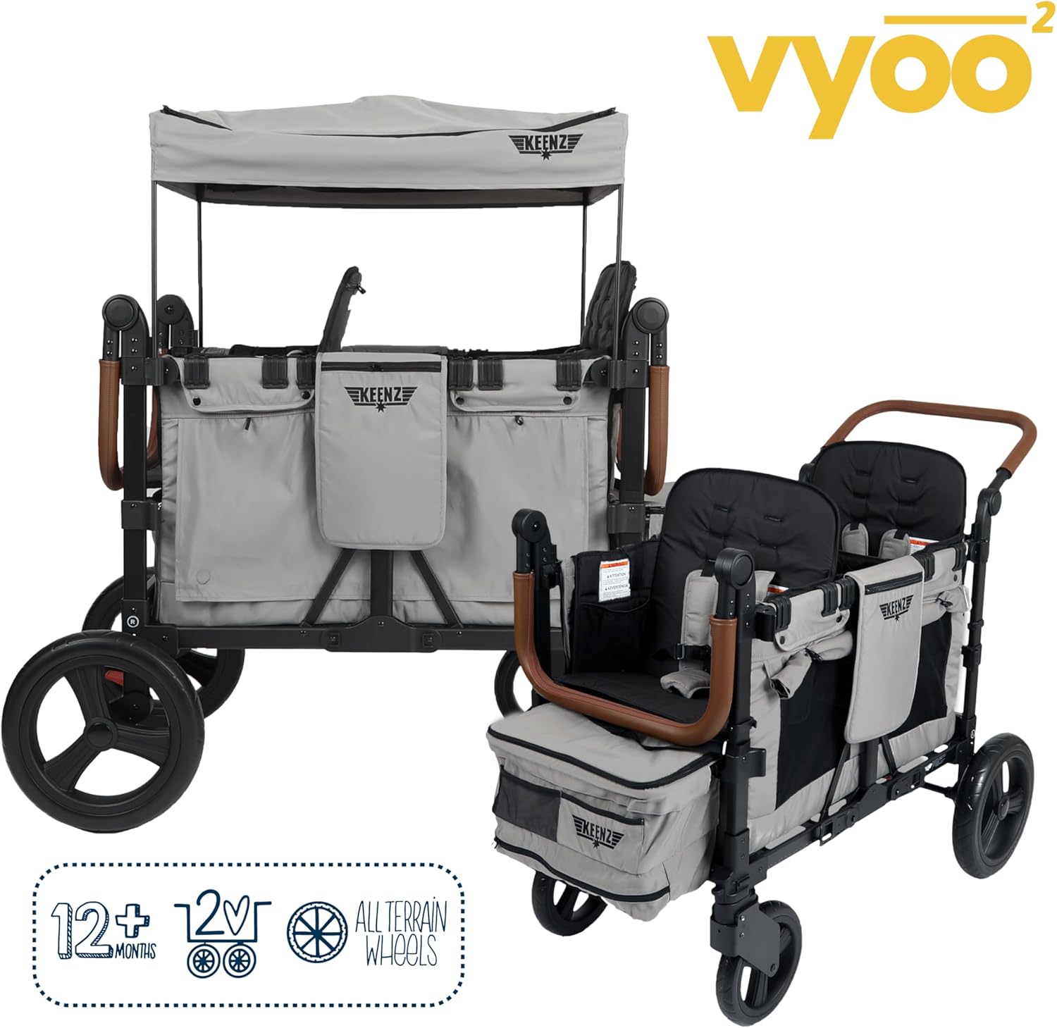 Keenz VYOO Stroller Wagon with Canopy - Foldable Design for Easy Storage, 5 Seating Positions for Kids, Enhanced Child Safety, All-Terrain Mobility, 2-Passengers, Grey