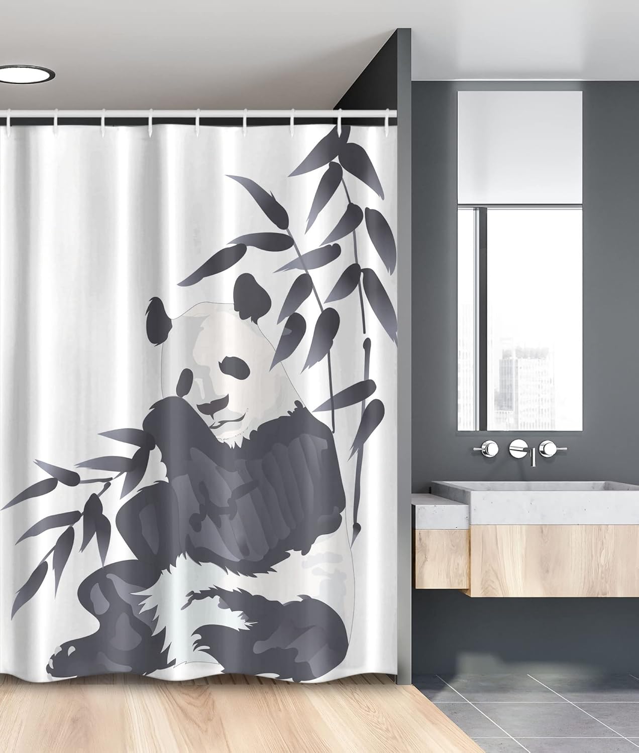 Ambesonne Panda Stall Shower Curtain, Giant Panda Bear Sitting in Zoo Traditional Chinese Painting Monochrome Picture, Fabric Bathroom Decor Set with Hooks, 54" W x 78" L, Cadet Blue White
