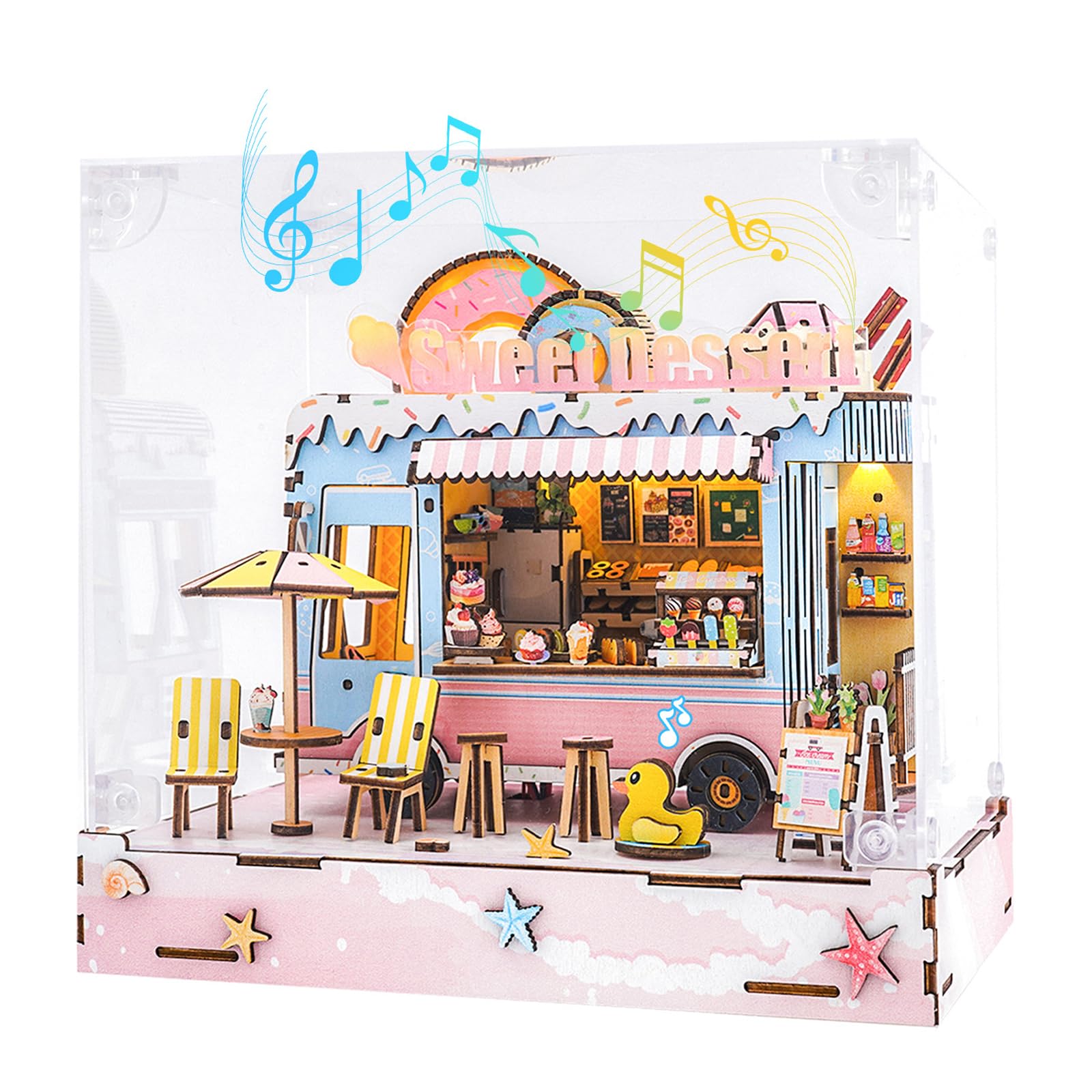 DIY Miniaturhaus Bausatz (Süßspeisen Truck) Winzige Puppenhaus Bausätze für Erwachsene zum Bauen, Mini-Modellbausätze mit LED&Spieluhr&Staubschutzhülle, Holz Bastelpuzzles, Geschenke für Familie
