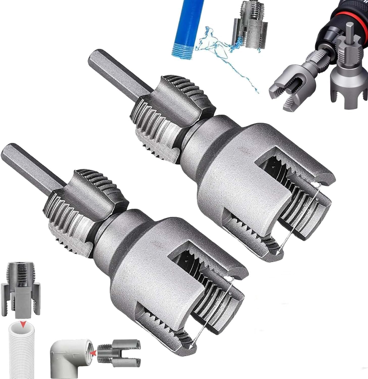 Integrated Internal & External Pipe Threading Tool, Electric Drill Compatible 2 In 1 PVC Pipe Threader Kit, 1/2'' and 3/4'' PVC Threading Tool Kit for Water Pipes