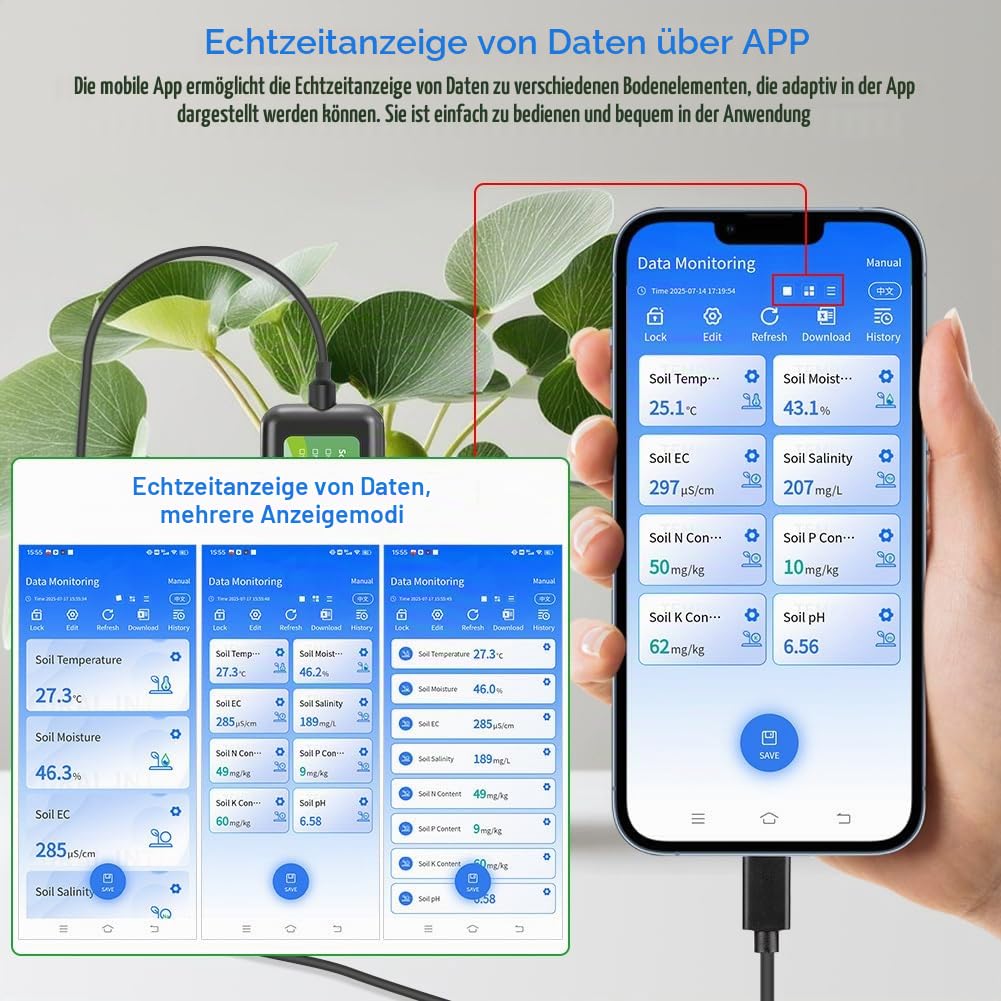 8 in 1 USB Bodentester Bodensensor, Digital Bodentest Messgerät mit pH Temperatur Feuchtigkeit NPK Nährstoffanalyse Leitfähigkeit Salzgehalt für Garten