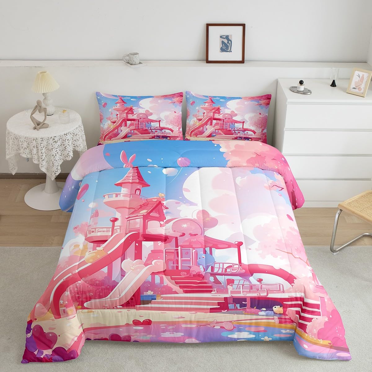 Juego de cama de microfibra lavable que no destiñe con edredón de castillo rosa