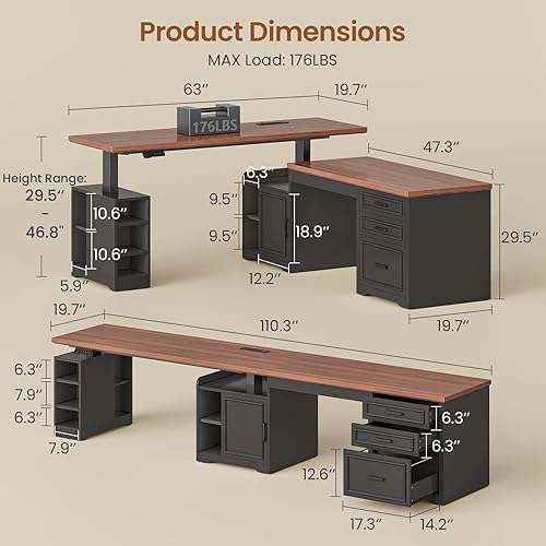 Miniatura 2 de SEDETA Farmhouse Escritorio Eléctrico de Pie en Forma de L, 63" x 67" Ajustable en Altura, Escritorio Ejecutivo de Oficina en Casa con Cajones y