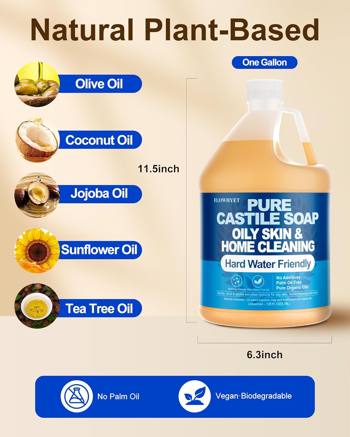 FLOWHYET 1 Gallon Pure Castile Soap Liquid, Organic Hand Soap Refill, Natural For Hand, Body Wash, Dishes, Home Cleaning Oily Skin, Fragrance Free Vegan Hard Water Friendly - Unscented 1 Gallon - Image 8