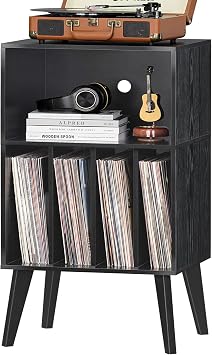 Lerliuo Record Player Stand, Black Turntable Stand Holds up to 160 Albums | Mid-Century Vinyl Storage Cabinet Table,Solid Wood Legs, Record Player Holder Dispaly Shelf for Bedroom Living Room