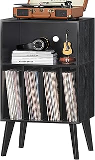 Lerliuo Record Player Stand, Black Turntable Stand Holds up to 160 Albums, Mid-Century Vinyl Storage Cabinet Table with Solid Wood Legs, Record Player Holder Dispaly Shelf for Bedroom Living Room