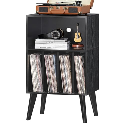 Lerliuo Record Player Stand, Black Turntable Stand Holds up to 160 Albums | Mid-Century Vinyl Storage Cabinet Table,Solid Wood Legs, Record Player Holder Dispaly Shelf for Bedroom Living Room