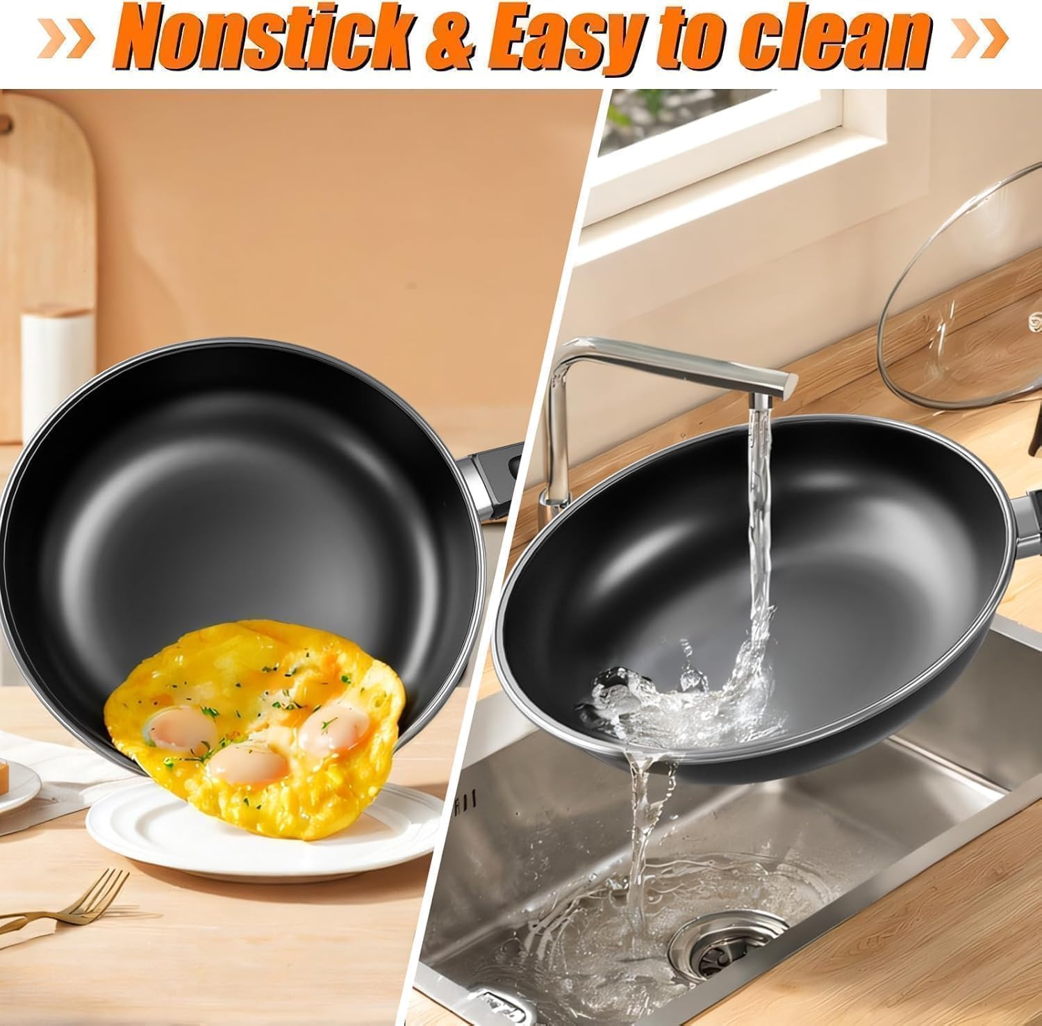 Kiseely Juego de sartenes antiadherentes de 24cm, 26cm y 30 cm (3 piezas), resistentes al calor, sin PFAS, aptas para todo tipo de cocinas, incluida la inducción (AG1)