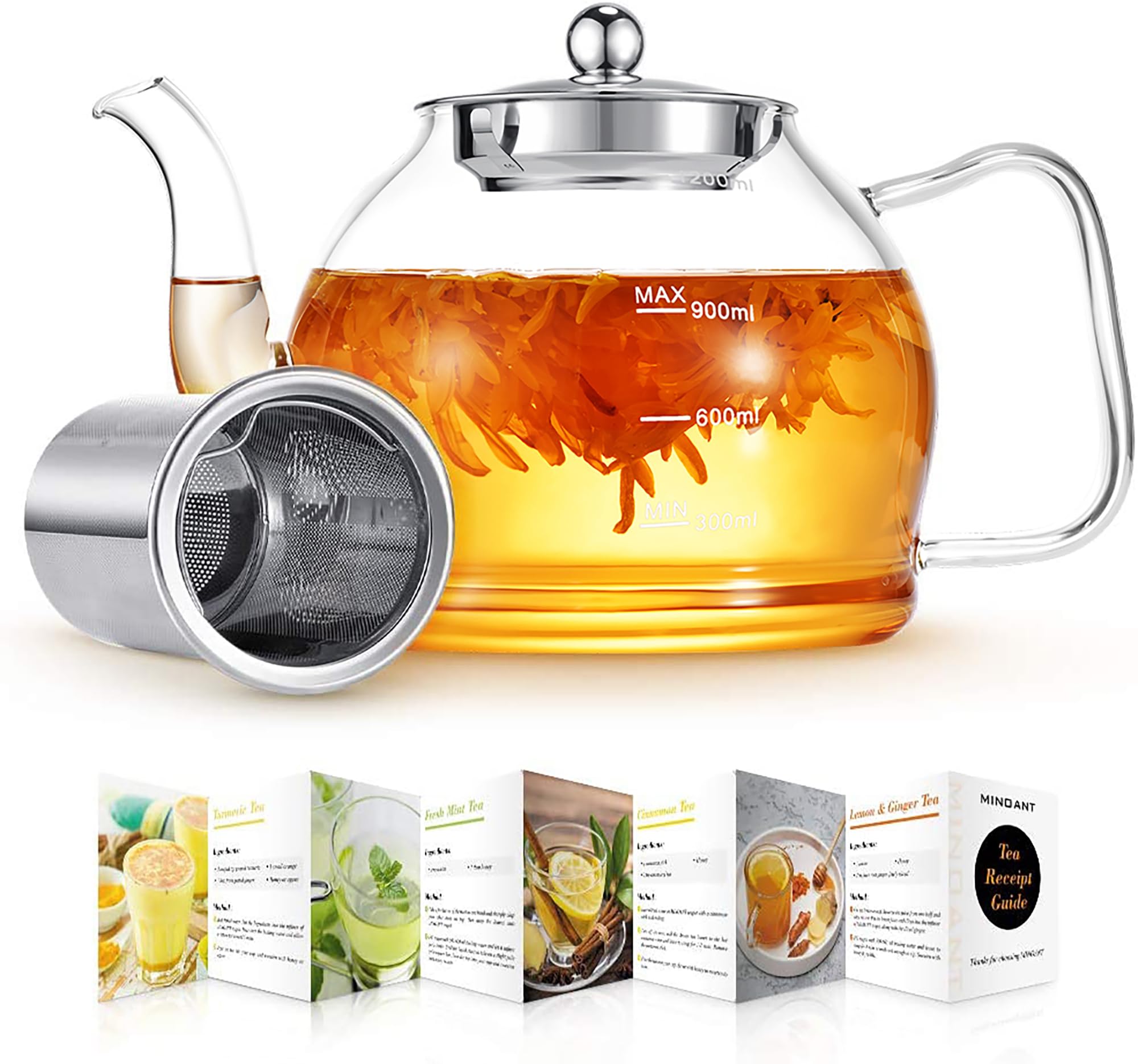Glass Teapot, 1200ml Teapot, Tea Pot for Blooming Tea, Flowering Tea Pot Gift Set, Teapot with Infuser, Scale line Borosilicate Glass Teapot Stovetop Safe Cover Tea Brewer Guide, Teapots for 4-6 Cups