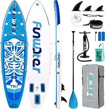 FunWater TIKI Inflatable Stand Up Paddle Board SUP for All Skill Levels Everything Included with Stand Up Paddle Board, Paddle, Pump, ISUP Travel Backpack, Leash, Fins