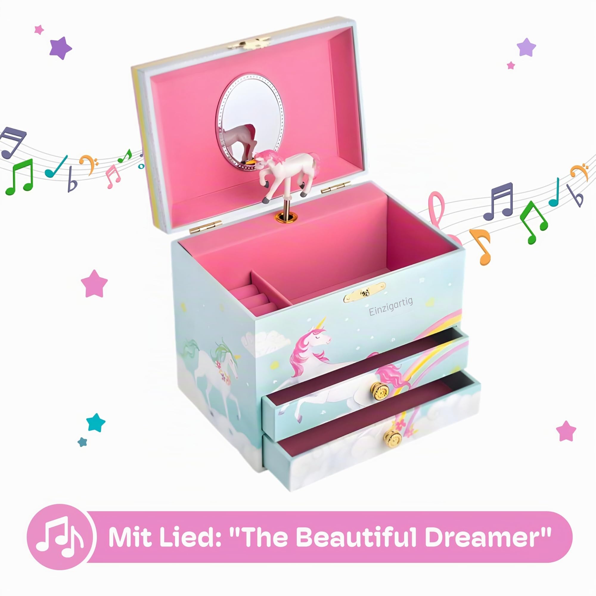 Jewelkeeper Einhorn Schmuckkästchen für Mädchen - Rosa Spieluhr Schmuckschatulle mit Spiegel und 2 Ausziehschubladen - The Beautiful Dreamer Melodie - zur Aufbewahrung von Kinderschmuck