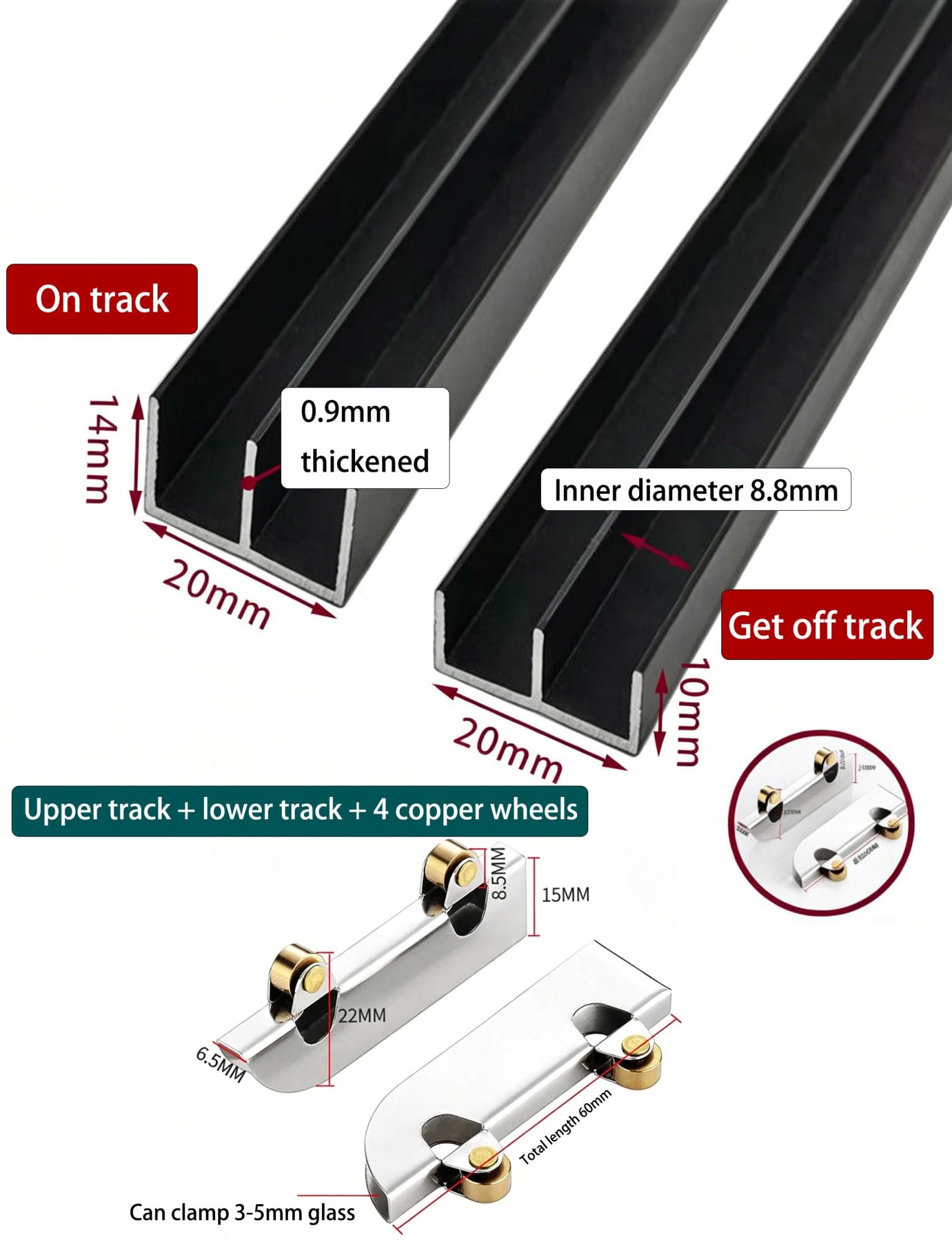 Zestaw prowadnic do szklanych drzwi przesuwnych 5 mm Aluminiowa podwójna szyna kanałowa z rolkami do gabloty do szafy, 1 zestaw(90cm)