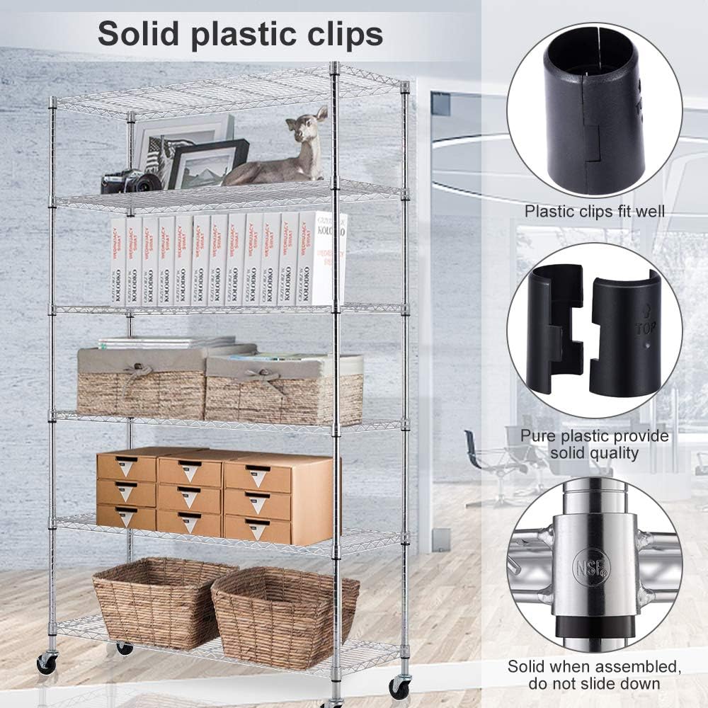 6 Tier Wire Shelving Unit Rack NSF Heavy Duty Height Adjustable Storage Shelf Metal Shelving with Wheels/Feet Levelers Garage Kitchen Office Commercial Shelving - Chrome - 45x18x82