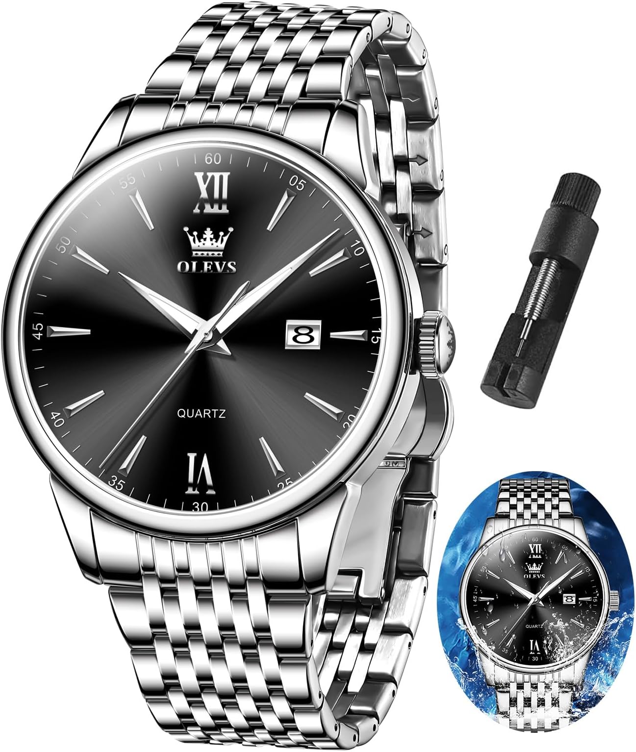 OLEVS Mens Watch Silver Stainless Steel Watch for Men with Date Waterproof Analog Dress Men's Watch Classic Simple Quartz Big Face Men's Wrist Watches