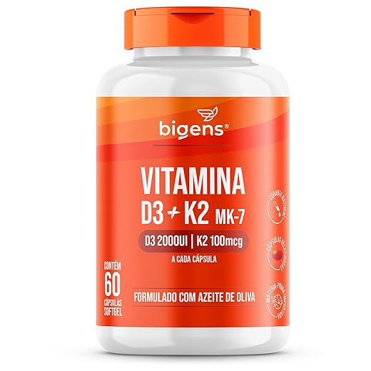 Vitamina D3 2000UI + K2 MK-7 100mcg, Formulado com azeite de oliva, Biogens (60 cápsulas)