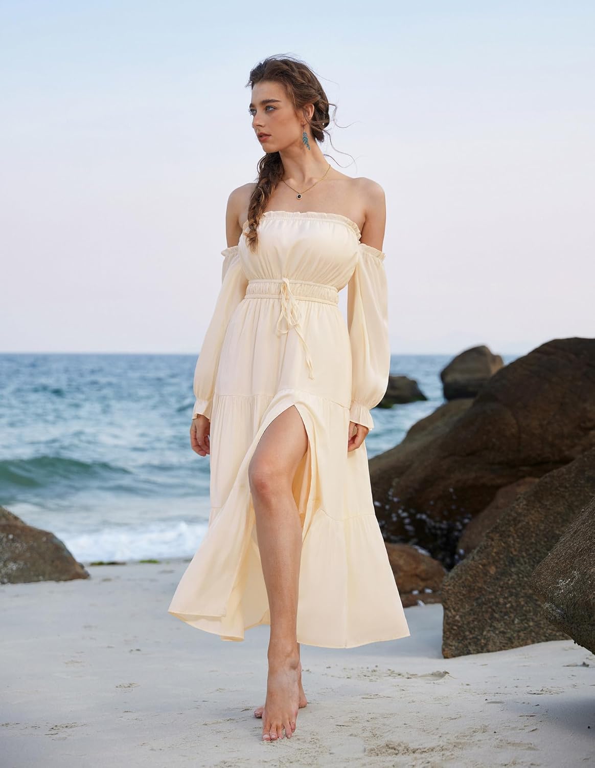 SCARLET DARKNESS Women's Boho Dress 2026 Summer Off The Shoulder Long Sleeve Renaissance Maxi Dresses with Split - Image 2