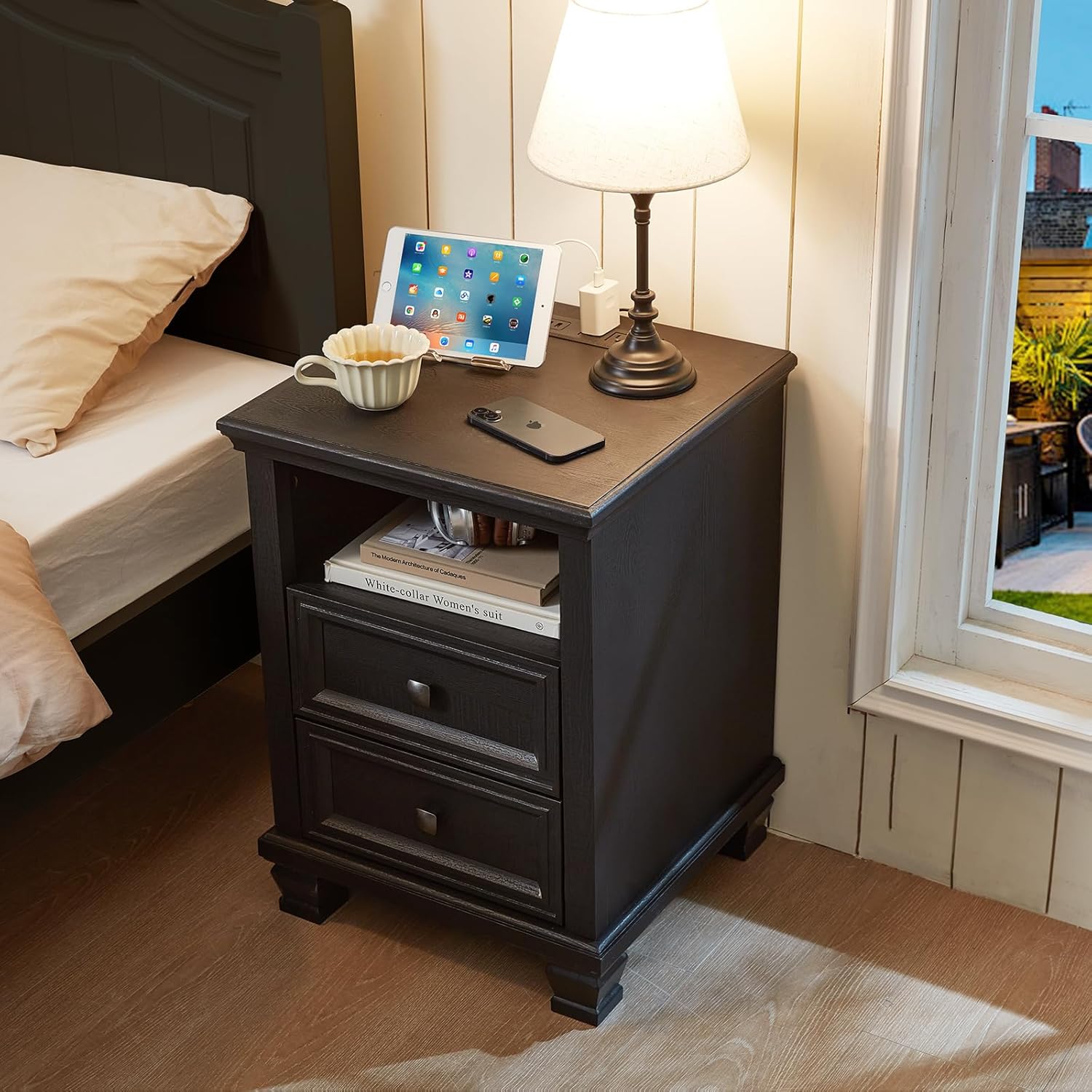 Farmhouse Side Table with Charging Station, Rustic Black Nightstand with Drawers, Bedside Table with Open Shelf for Bedroom, Black