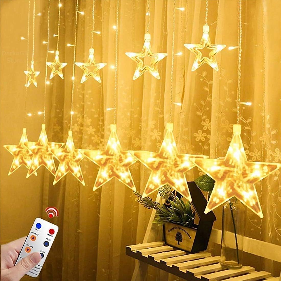 Warm White LED Star Lights, Curtain String Lights for Bedroom, Waterproof 8 Lighting Modes, Fairy Lights for Home Decorations - 12 Stars 138LED