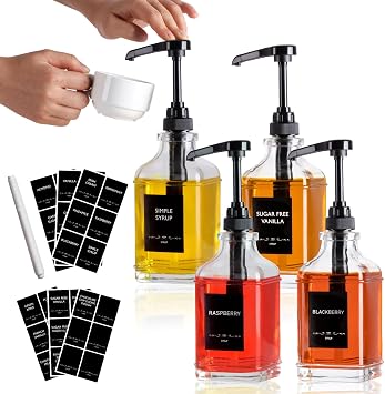 Alotpower 4-Pack 16oz Square Glass Coffee Syrup Dispenser Bottles | Empty Syrup Dispenser for Coffee Bar with 1/4oz Capacity Pump - Kit Includes 36 Labels & Marker