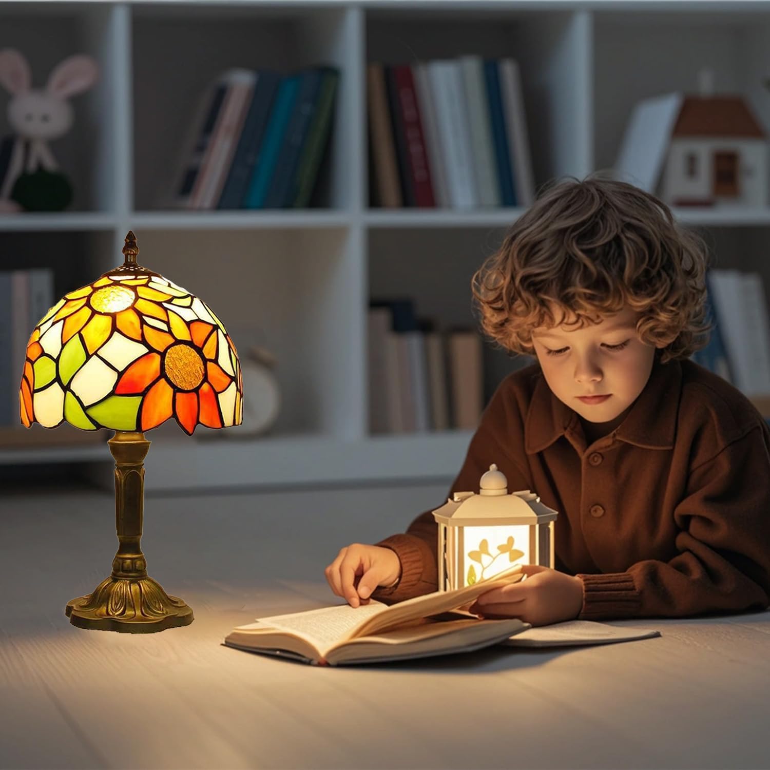 Ceeya Tiffany Style Table Lamp 3 Way Yellow Sunflower Stained Glass Lamp Antique Bedside Desk Lamp for Bedroom Living Room Office Study Room (Including 3 Way LED Bulbs)