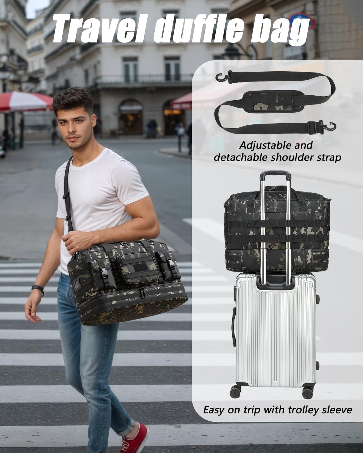 Travel Bag for Men Women, Large Tactical Duffle & Gym Bag for Travel, with Shoe Compartment and Toiletry Bag, Weekender Overnight Trip with Wet Pocket for Workout Medical, Black CM - Image 6