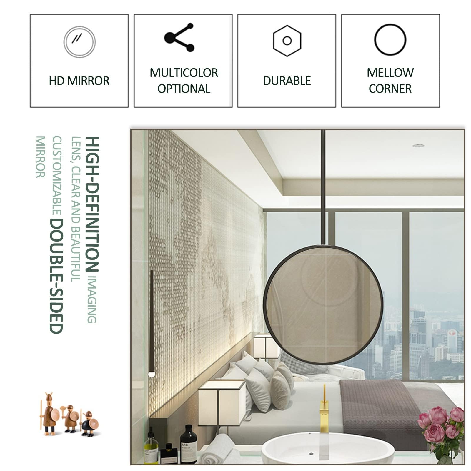 Specchio decorativo da appendere a soffitto, specchio da trucco trasparente e pratico con cornice in metallo nero, specchio galleggiante per bagno per casa hotel (dimensioni: diametro: 60