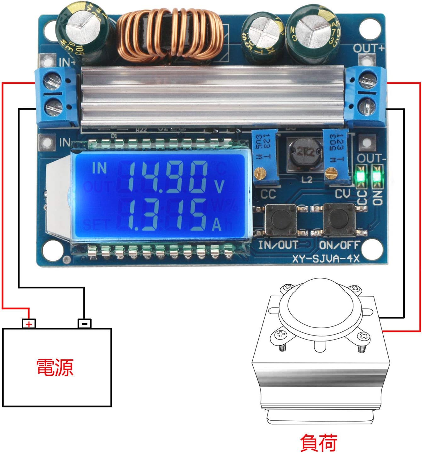Connection diagram showing the DROK buck-boost converter module connected to a power source (battery) and a load (fan).