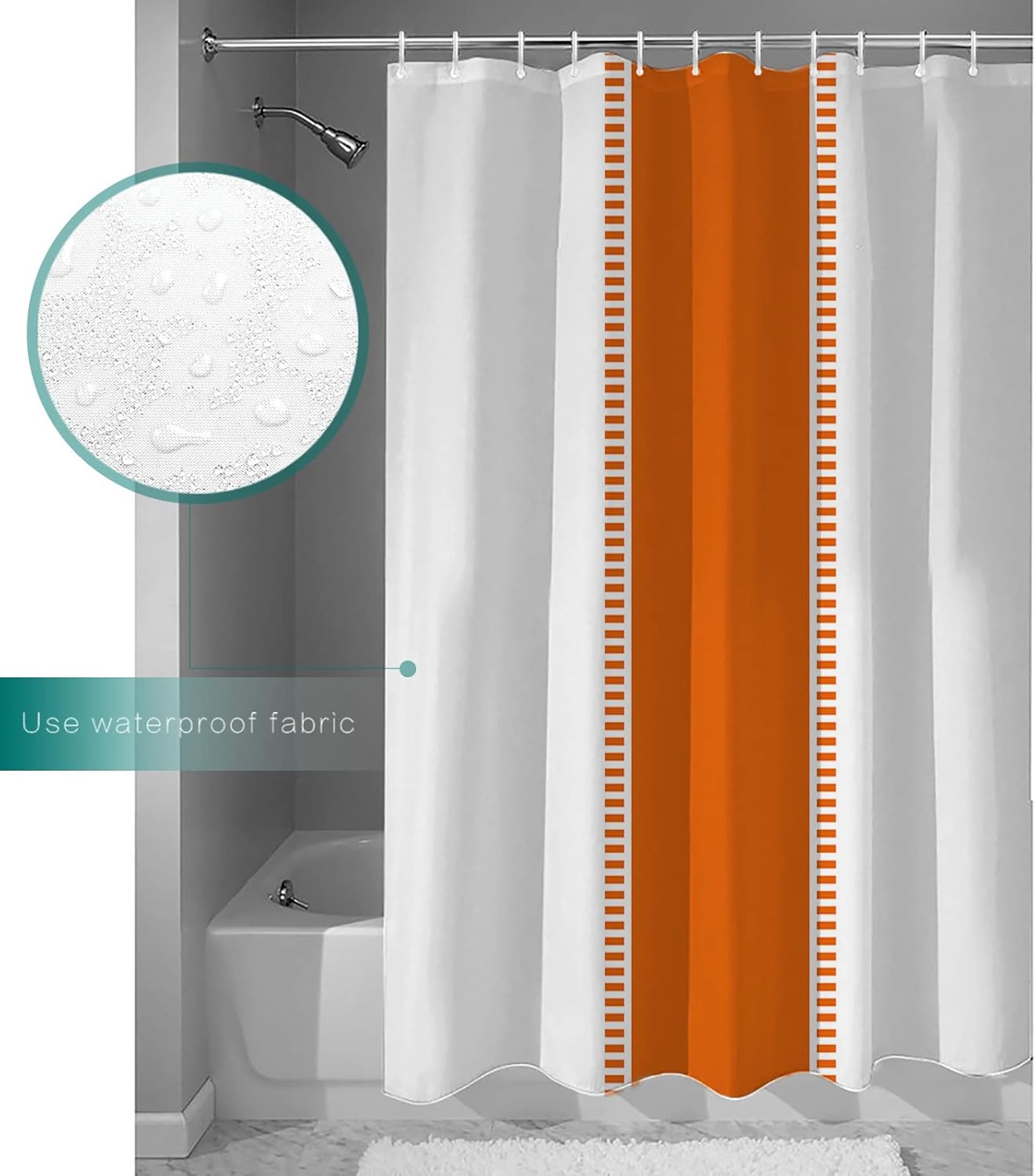 Fabric Shower Curtain for Bathroom 66"W x 72"L Orange White Stripes Minimalist Simple Pattern Shower Curtain with Hooks Bathroom Decor Waterproof Shower Curtains Machine Washable for Home Hotel