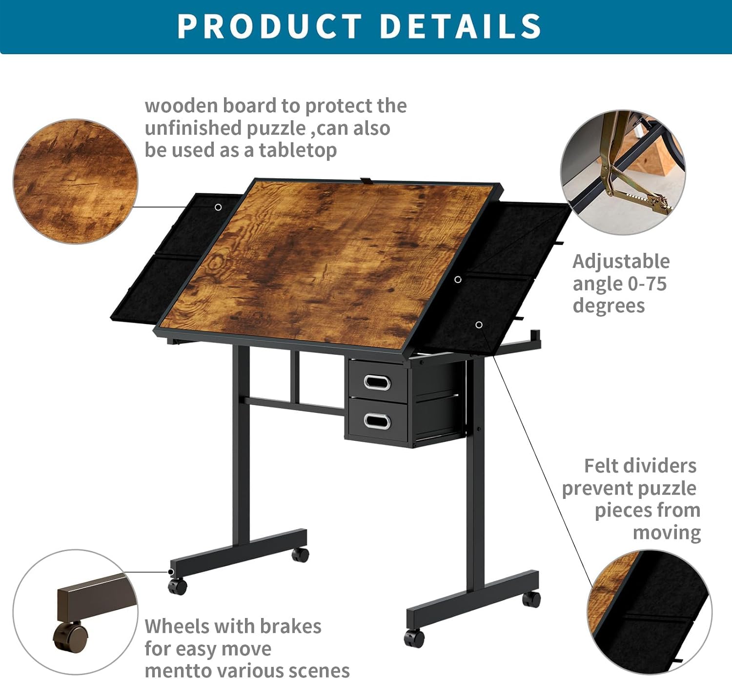 Adjustable Height & Angle 1000 Piece Puzzle Table with Wheels, Metal Jigsaw Puzzle Board for Adults with 4 Felt Trays, 2 Storage Drawers, Wooden Protective Cover & Tilting Desk,Portable Puzzle Table