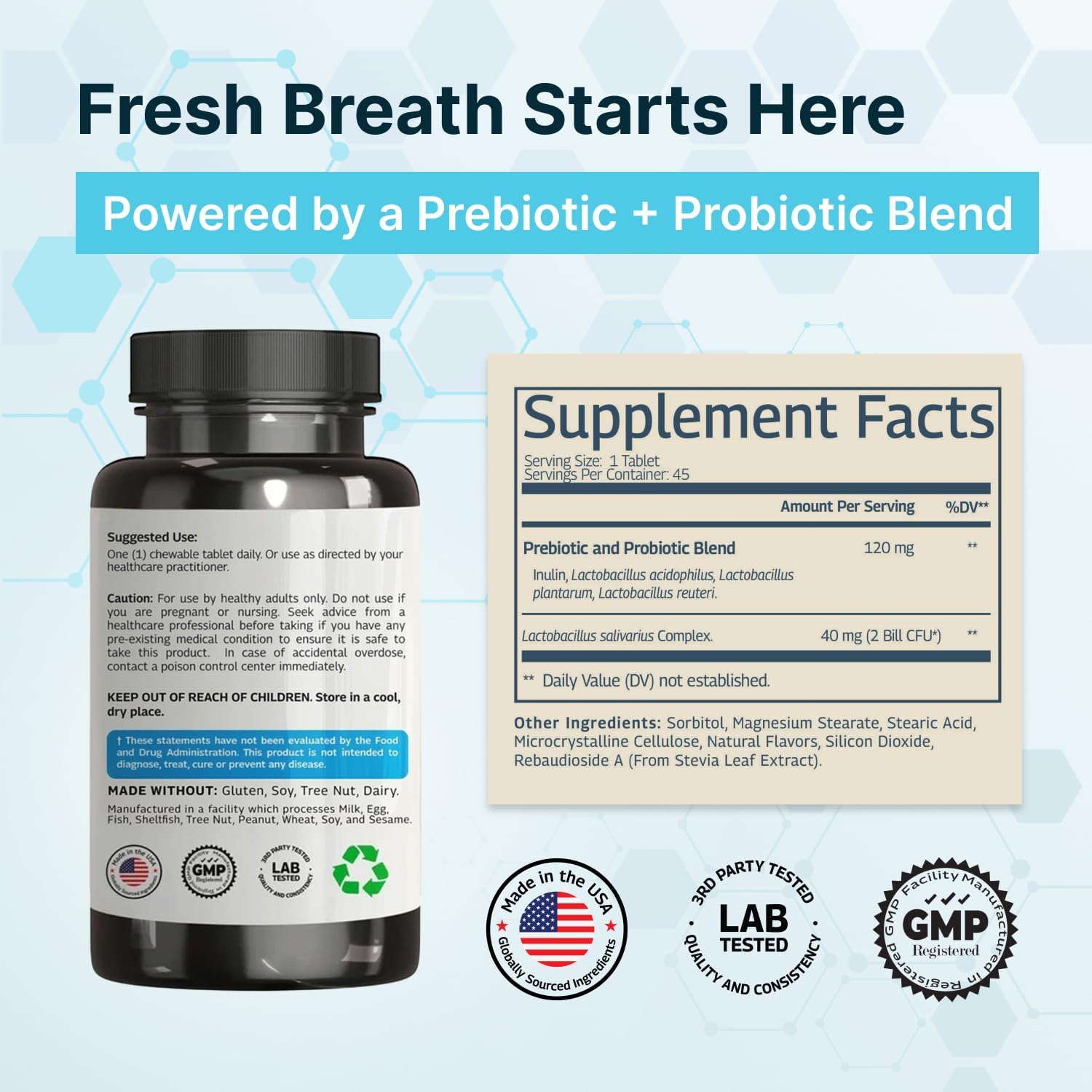 VINATURA Lactobacillus Salivarius Oral Probiotics - Mouth Bad Breath Treatment for Adults, Dental probiotics for Teeth and Gums, Throat, Ear, Nose - 45 Chewable Mint Tablets
