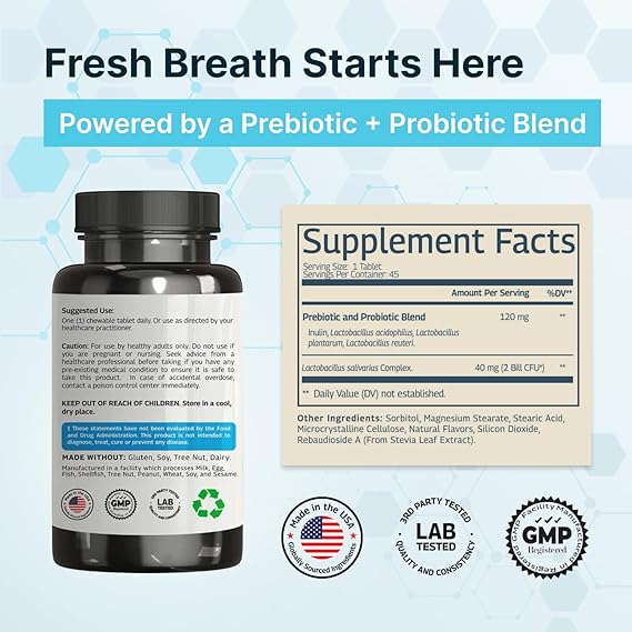 VINATURA Lactobacillus Salivarius Probiotics عن طريق الفم - الفم علاج رائحة الفم الكريهة للبالغين، بروبيوتيك الأسنان للأسنان واللثة، الحلق، الأذن، الأنف - 45 أقراص مضغ النعناع