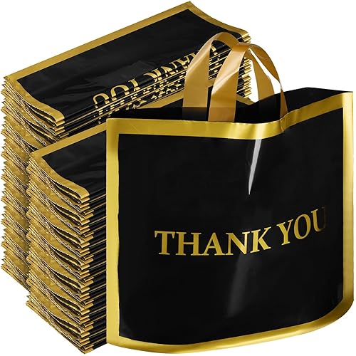 Sweetude 200 bolsas de plástico de agradecimiento para pequeñas empresas, a granel, 12 x 15 pulgadas, bolsas de mercancía con asa dorada (negro)