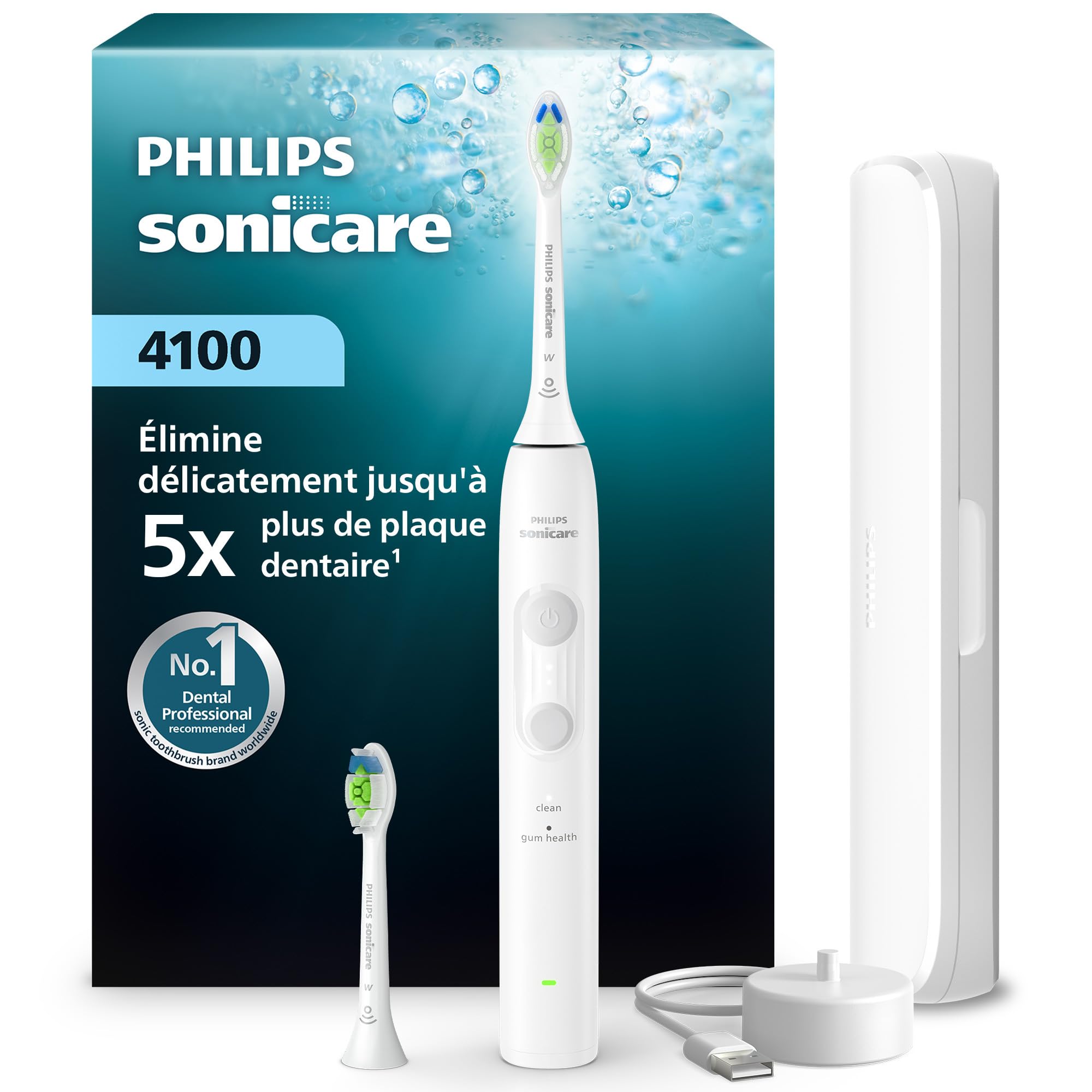 Philips Sonicare série 4100 – Brosse à dents électrique, capteur de pression, 4 réglages, EasyStart, SmarTimer, 21 jours d'autonomie, étui de voyage, coloris blanc, modèle HX4044/​41, [Nouveau]