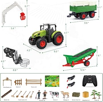 fisca Kids Remote Control Tractor Farm Playset, 2.4Ghz RC Tractor with Trailer and Conveyor, 45PCS Farm Toys Set with Farm Animals Figurines Fences Farmers for Kids Age 3 4 5 6 Years Old