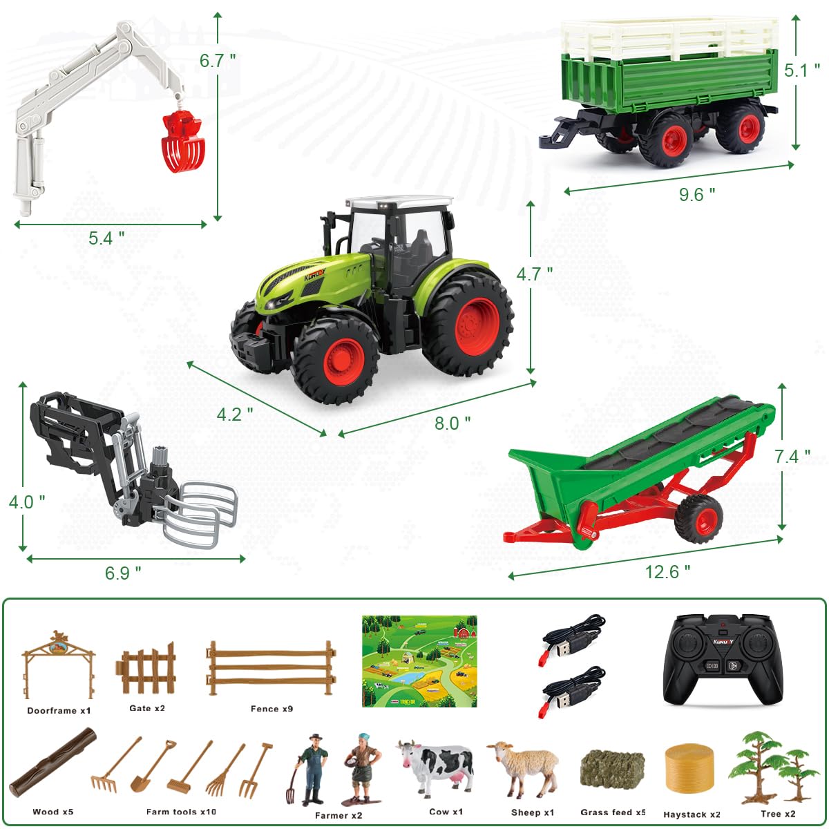 fisca 45PCS Kinder RC Traktor Spielzeug Bauernhof Spielset, 2.4Ghz Fernsteuerung Bauernhof Traktor Set mit Anhänger & Förderband & Bauernhof Tiere Figuren Zäune Landwirte für Kinder Alter 3+ | 45 PCS Bauernhof Spielset traktor ferngesteuert,， traktor mit